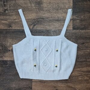 Light Blue Knit Cropped Tank with Floral Embroidery